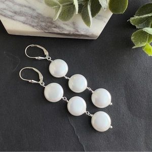 White Pearl Earrings Long Leverback Sterling Silver